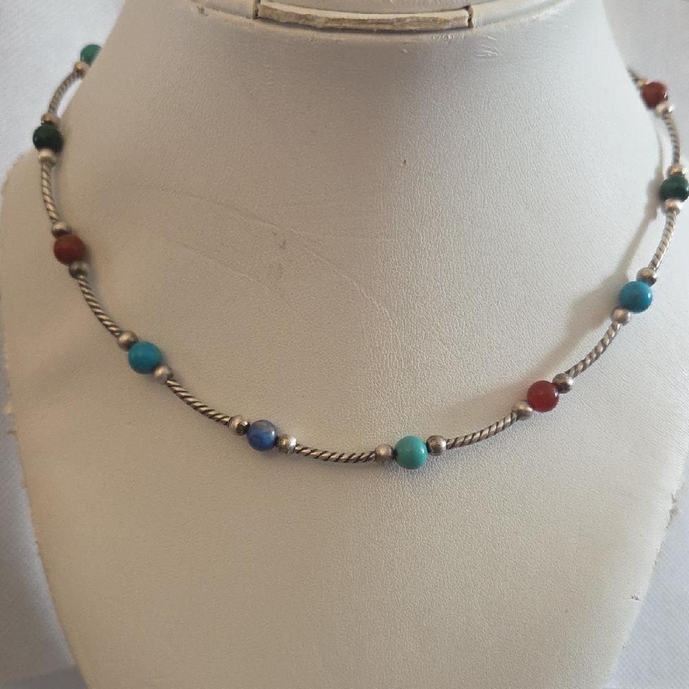 Carolyn Pollack Vintage Multi Stone And  Twisted Bead 925 Silver Necklace